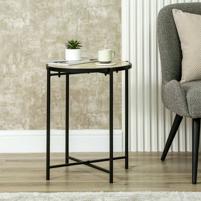 55cm Black Metal End Table with Travertine Marble Top