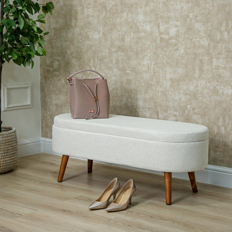45.5cm White Boucle Storage Bench in Wooden Legs