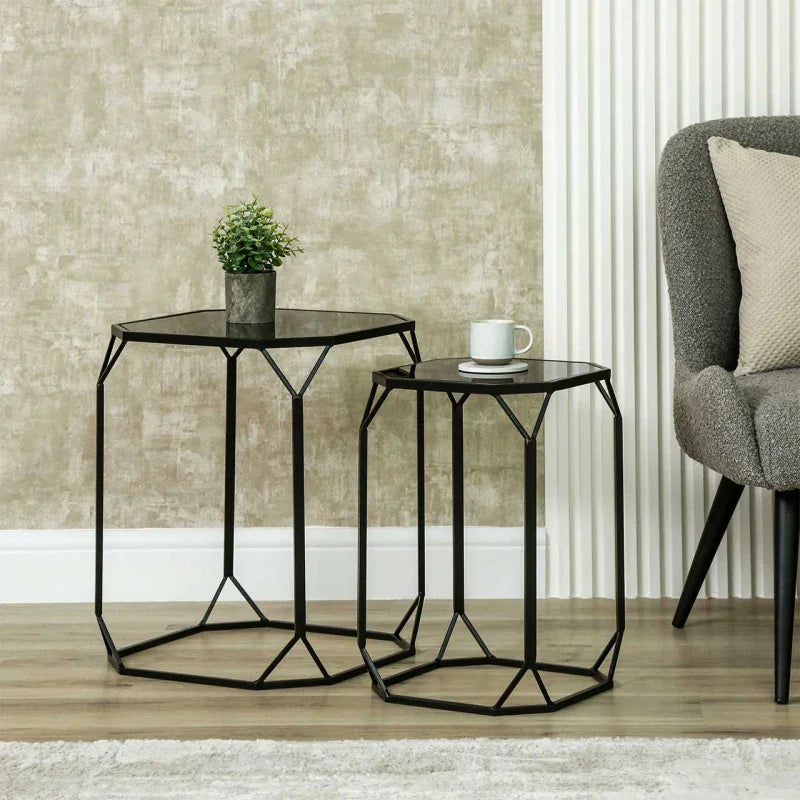 Set of 2 Black Metal Nesting Table with Black Mirror Top