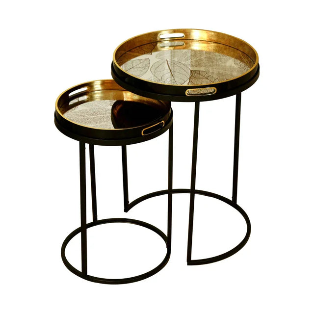 Set of 2 Olin Antique Gold Leaves Nesting Table
