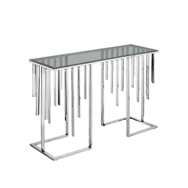 Owen Chrome Metal Console Table with Smoke Glass Top