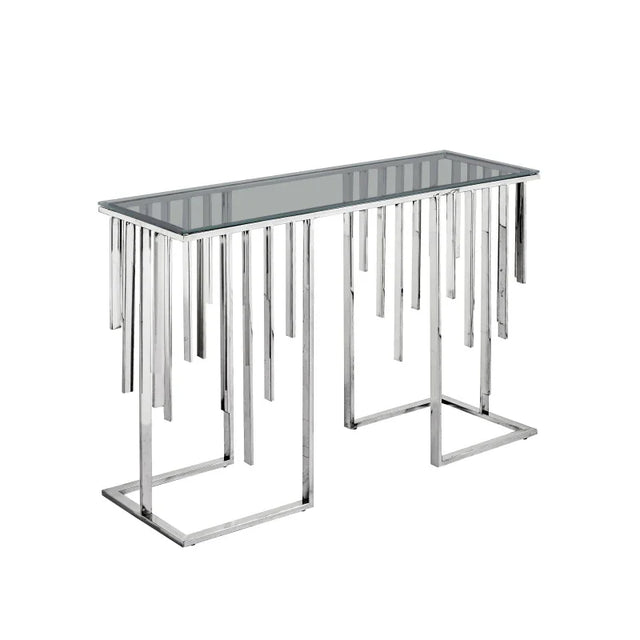 Owen Chrome Metal Console Table with Smoke Glass Top