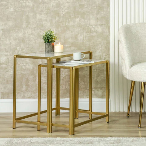 Set of 2 Gold Metal Nesting Table with White Marble Top