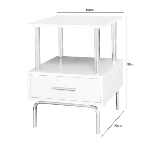 Charlotte White & Chrome 1-Drawer Bedside Cabinet - DSP