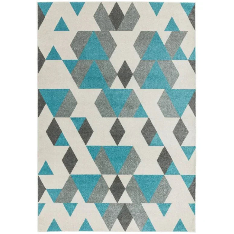 Geometric area rug with blue and grey triangles on a cream background