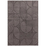 Grey geometric rug with curved linear pattern and modern abstract design