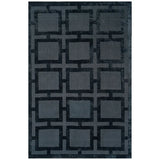 Dark grey geometric rug with square lattice pattern and velvety texture
