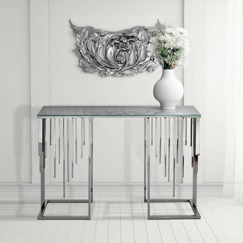 Owen Chrome Metal Console Table with Smoke Glass Top