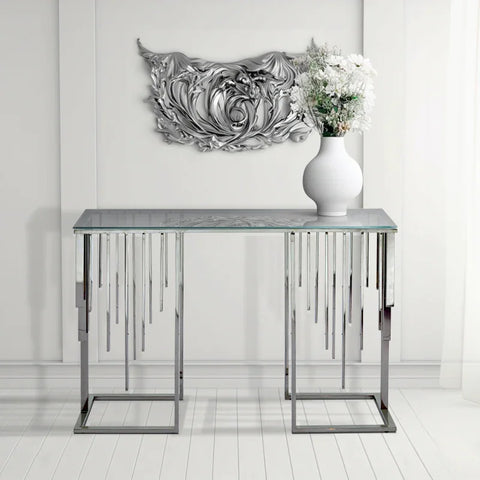 Owen Chrome Metal Console Table with Smoke Glass Top