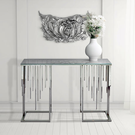 Owen Chrome Metal Console Table with Smoke Glass Top