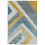 Modern geometric rug with grey, blue, white and yellow pattern, rectangular shape