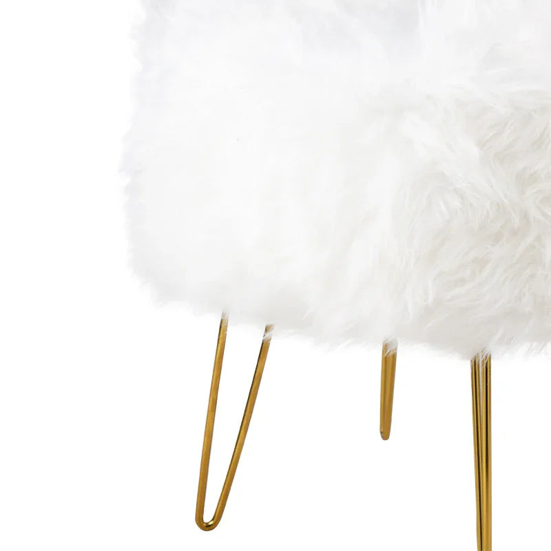 White Faux Fur Stool Ottoman with Gold Legs