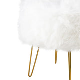 White Faux Fur Stool Ottoman with Gold Legs
