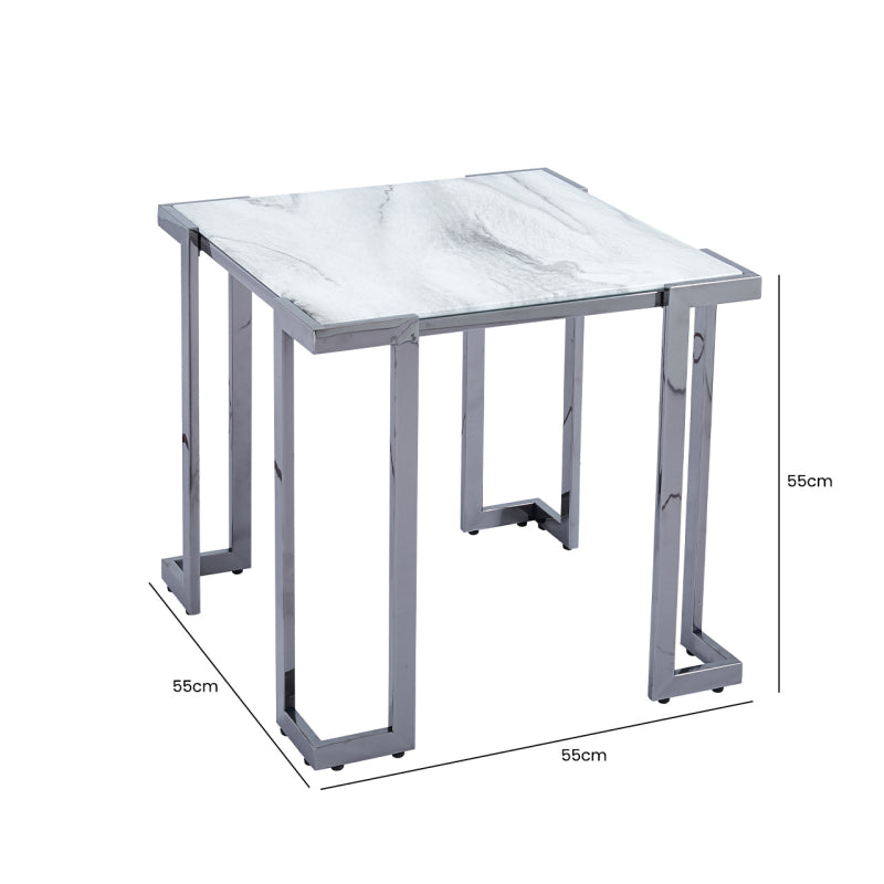 Aamari Grey Gunmetal End Table with White Faux Marble Glass Top - KD