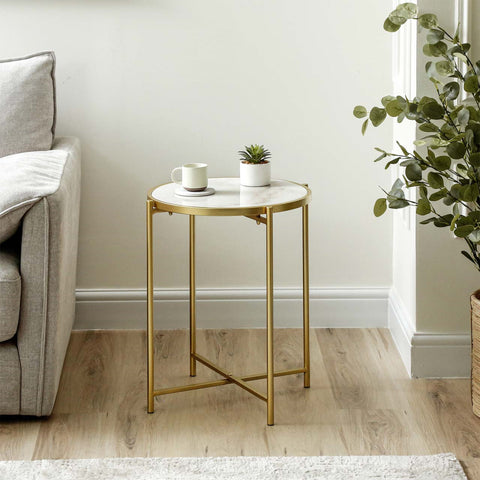 55cm Gold Metal End Table with White Marble Top