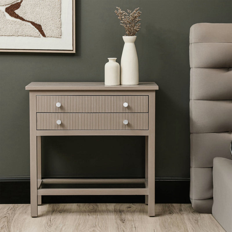 Lindon Taupe 2 Drawer Bedside Cabinet with Glass Shelf