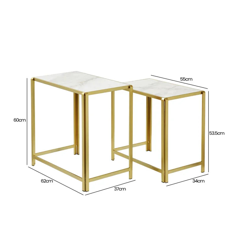 Set of 2 Gold Metal Nesting Table with White Marble Top