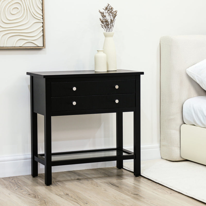 Lindon Black 2 Drawer Bedside Cabinet with Glass Shelf