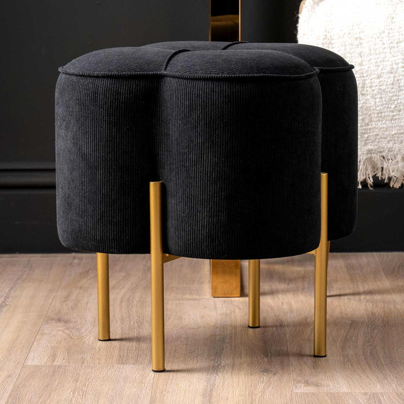 Black Velvet Clover Ottoman with Gold Legs