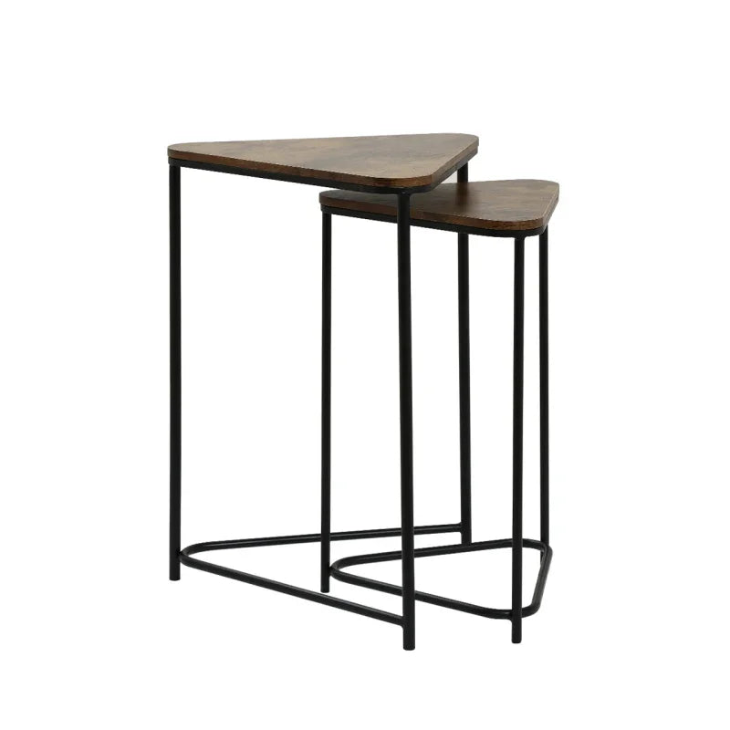 Set of 2 Black Metal Nesting Table with Brown Wooden Top