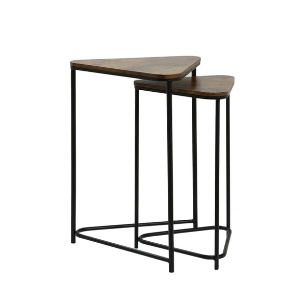Set of 2 Black Metal Nesting Table with Brown Wooden Top