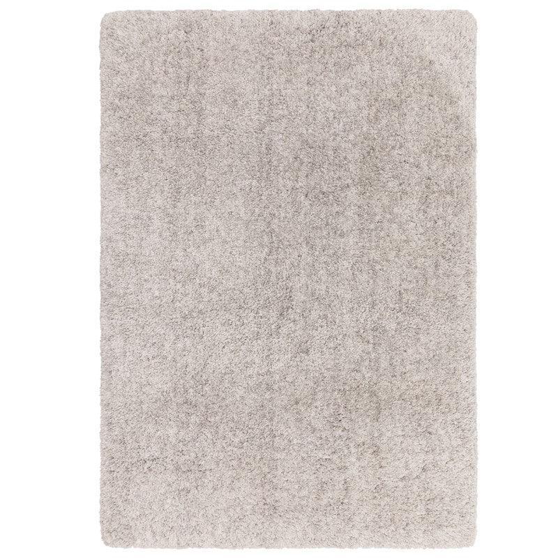 Rectangular light grey shaggy rug with soft texture, viewed from above