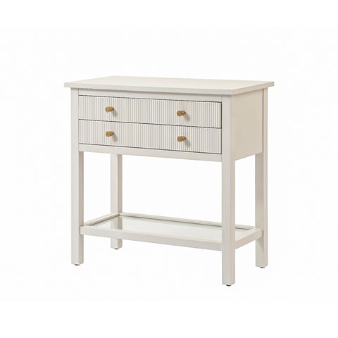 Lindon Frosty White 2 Drawer Bedside Cabinet with Clear Glass Shelf with Gold Handle