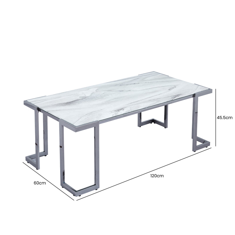 Aamari Grey Gunmetal Coffee Table with White Faux Marble Glass Top - KD