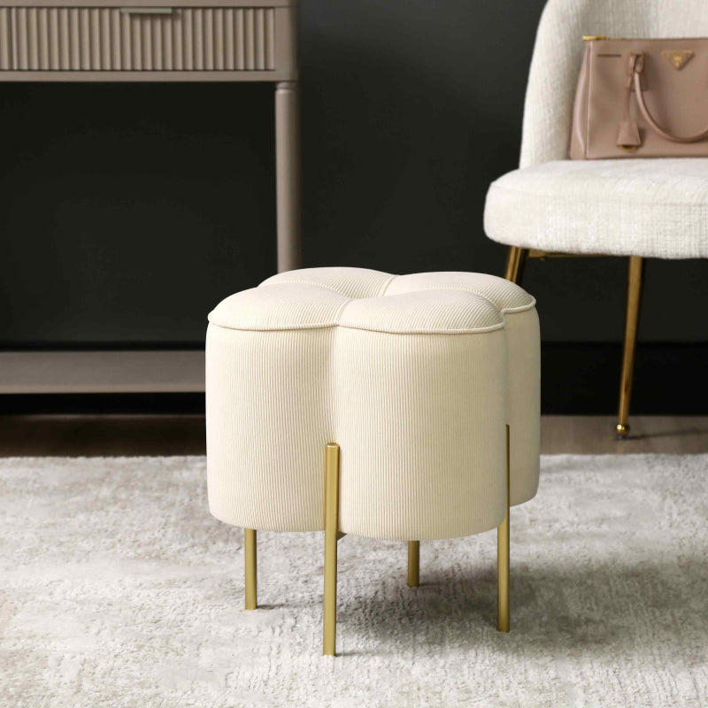 45cm Cream Velvet Clover Ottoman with Gold Legs