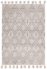 Beige patterned area rug with diamond design and tassel edging