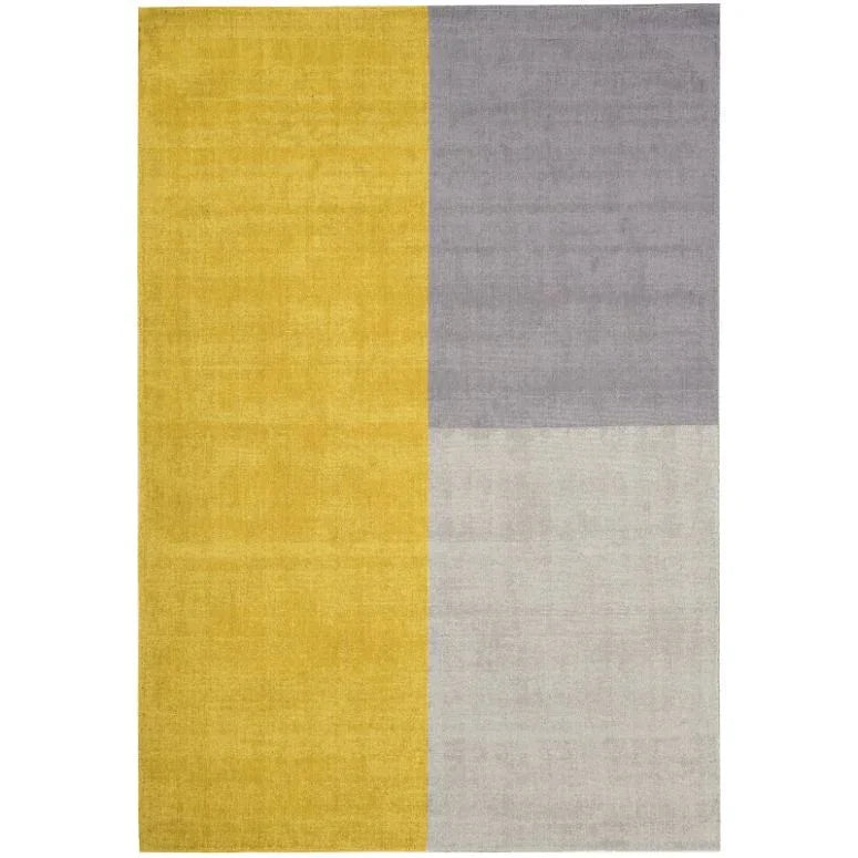 Modern area rug with yellow, grey and beige block design