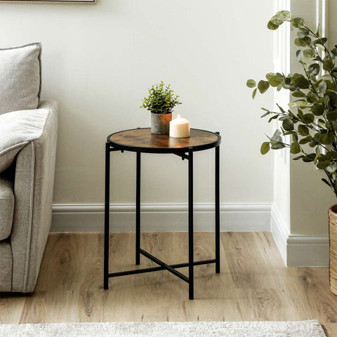 55cm Black Metal End Table with Brown Wooden Top