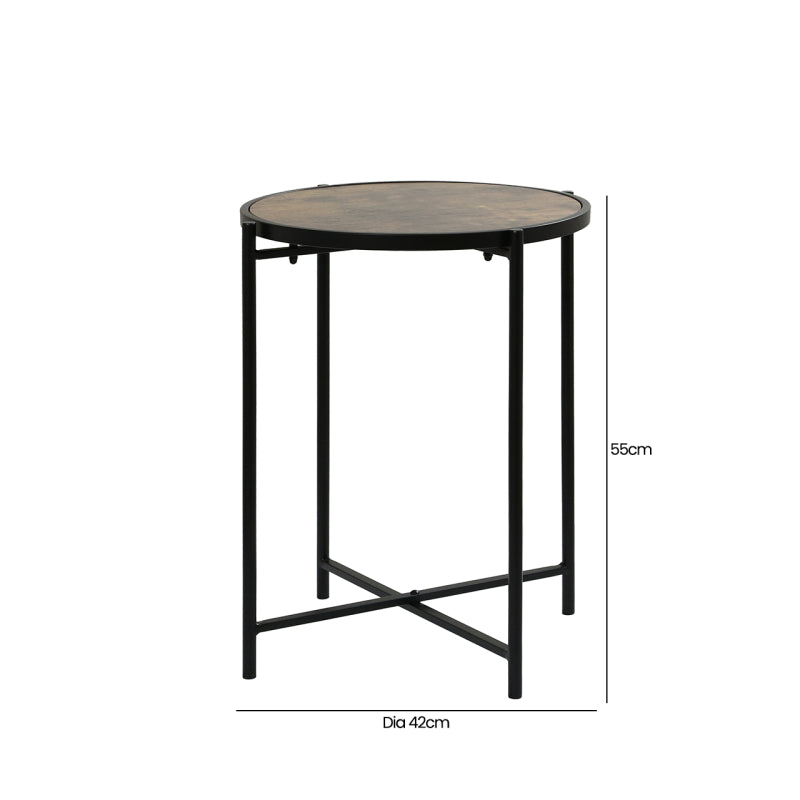 55cm Black Metal End Table with Brown Wooden Top