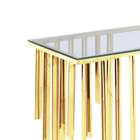 Owen Gold Metal Console Table with Clear Glass Top