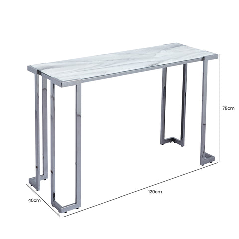 Aamari Grey Gunmetal Console Table with White Faux Marble Glass Top - KD
