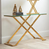 Axel Gold Metal Console Table with Clear Glass Top