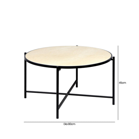 45cm Black Metal Coffee Table with Travertine Marble Top