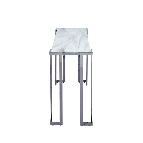 Aamari Grey Gunmetal Console Table with White Faux Marble Glass Top - KD