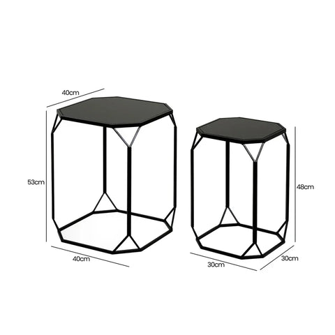 Set of 2 Black Metal Nesting Table with Black Mirror Top