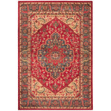 Traditional patterned area rug with red, blue, and beige floral medallion design