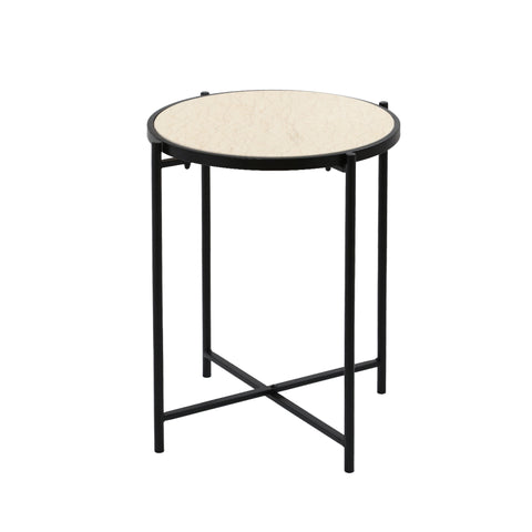 55cm Black Metal End Table with Travertine Marble Top