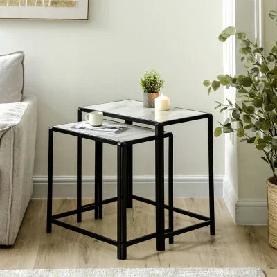 Set of 2 Black Metal Nesting Table with White Marble Top