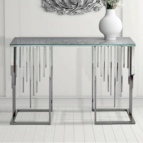 Owen Chrome Metal Console Table with Smoke Glass Top