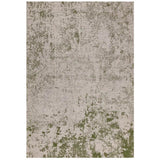 Neutral area rug with distressed green abstract pattern, rectangular view