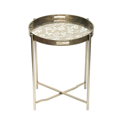 59cm Champagne End Table with Leaves Design Glass Table Top