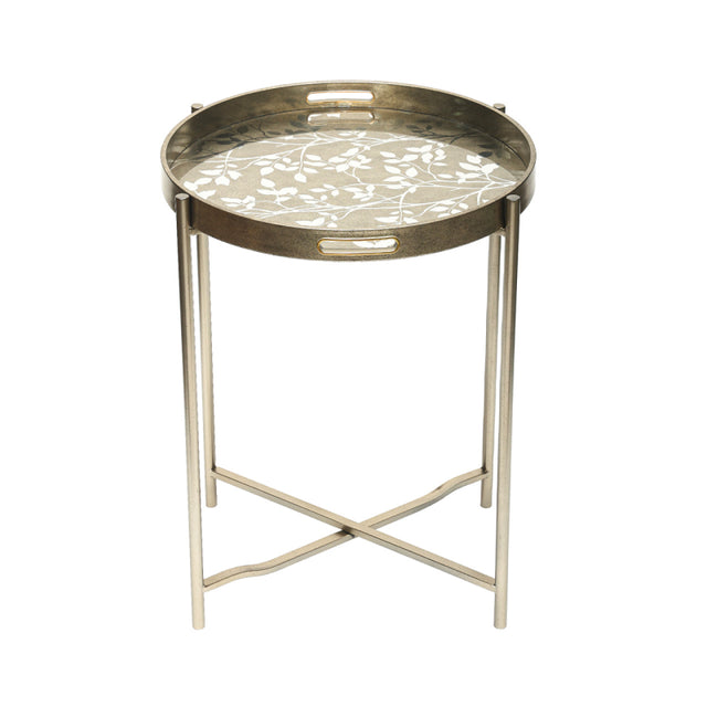 59cm Champagne End Table with Leaves Design Glass Table Top