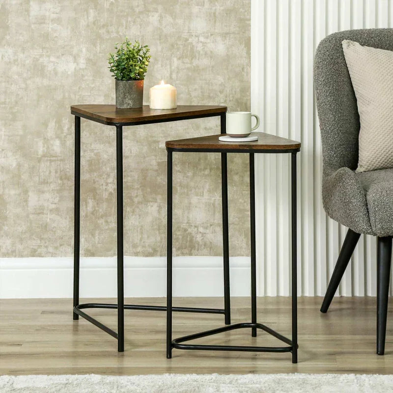 Set of 2 Black Metal Nesting Table with Brown Wooden Top