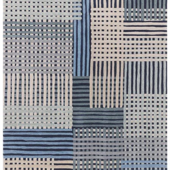 Modern area rug with blue and grey geometric checkered pattern, rectangular shape