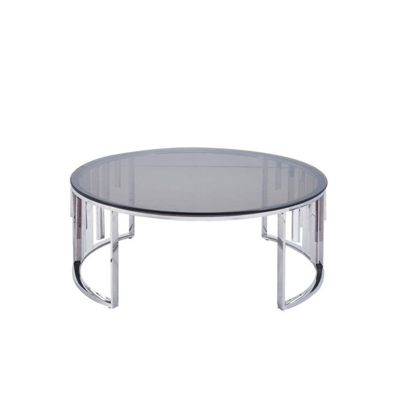 Owen Round Chrome Metal Coffee Table with Smoke Glass Top