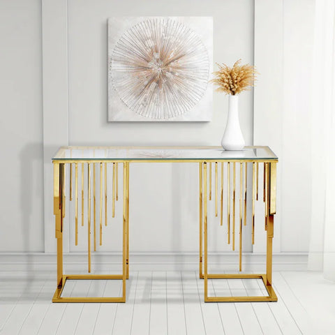 Owen Gold Metal Console Table with Clear Glass Top